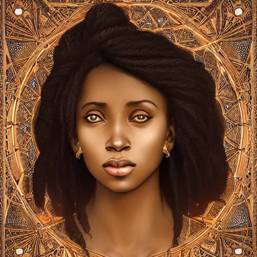 Image similar to black african princess, warm volumetric lighting, cosmic, symmetric, highly detailed, concept art, heavenly, intricate, sharp focus, illustration, alexandros pyromallis, bouguereau, rutkowski, artgerm, alphonse mucha