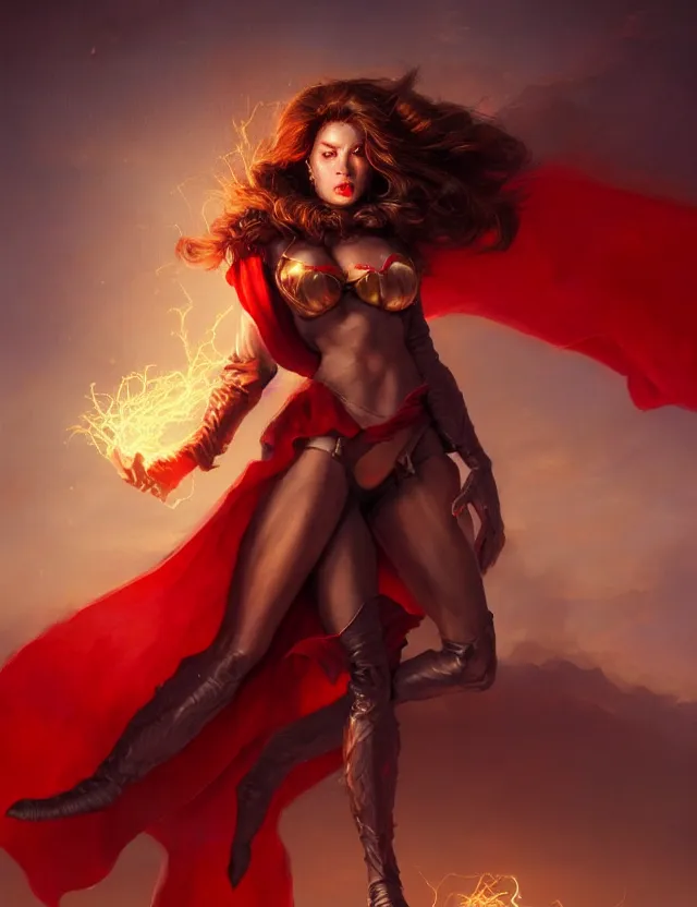 Image similar to a brown - haired woman with a red cape hovering in the air glowing with red light and crackling energy, by frank fazetta and peter mohrbacher, trending on artstation, digital art, 4 k resolution, detailed, high quality, sharp focus, hq artwork, coherent, insane detail, concept art, character concept, character full body portrait