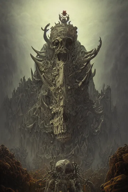 Image similar to gigantic demonic skull lord of death, fantasy painting, ultra realistic, wide angle, art nouveau, intricate details, rainbowshift, vivid colors, highly detailed by peter mohrbacher, h. r. giger, maxfield parrish, gaston bussiere, gustave dore, beksinski, craig mullins, octane render, cgi