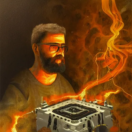 Image similar to God of forging and fire hephaistus creating the first artificial neural network in his volcanic smokey laboratory, hephaistos has a beard, hephaistos inventor of deep learning and machines, dark background, oil on canvas