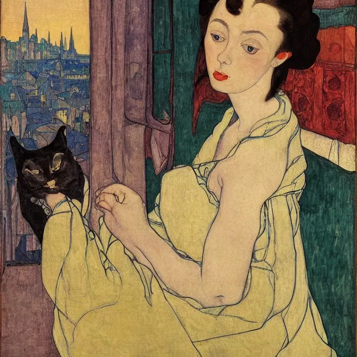 Image similar to close portrait of woman in night gown with cat and aloe vera, with city with gothic cathedral seen from a window frame with curtains. sun through the clouds. georges de la tour, egon schiele, henri de toulouse - lautrec, utamaro, monet