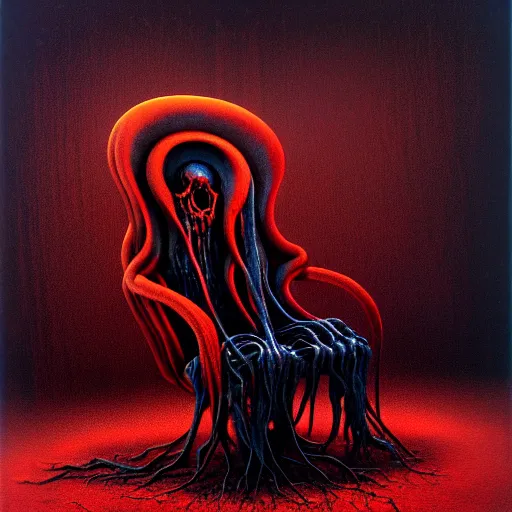 Image similar to horrifying eldritch gaming chair, painting by zdzisław beksinski, product photograph, 4 k, dark atmosphere, horror, rot, oozing, tendrils