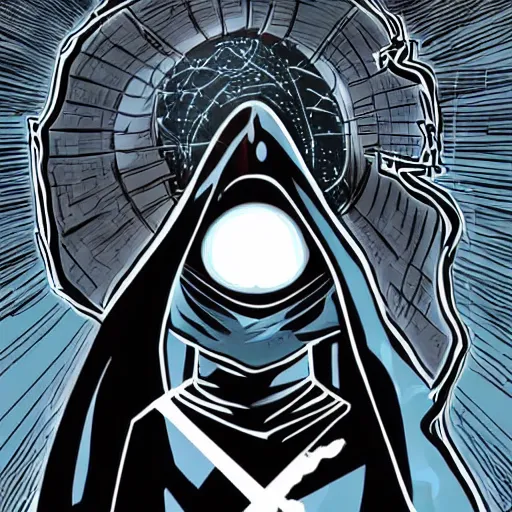 Image similar to white cloaked superhero with a white full ghost mask no mouth and huge black hole - eyes, and a noose knot rope around his neck hyperdetailed comic book illustration