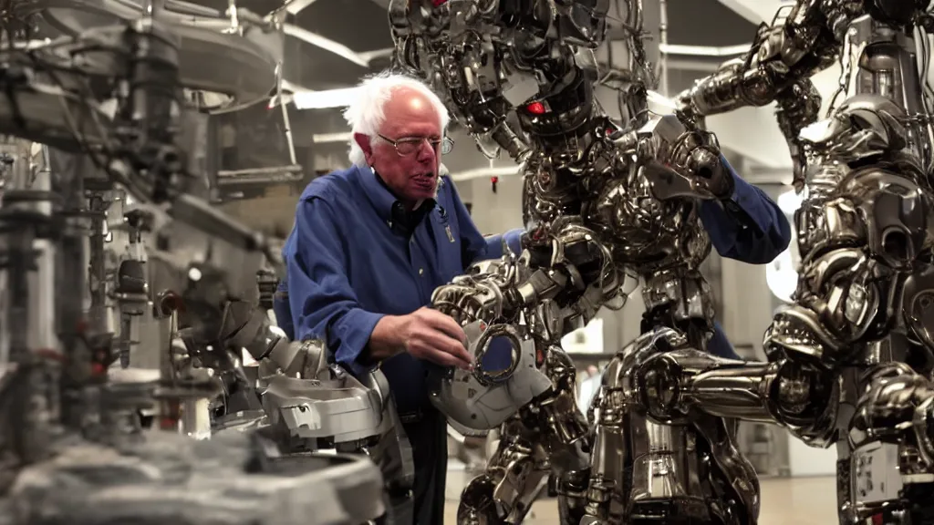 Image similar to bernie sanders putting the finishing touches on a cute clockwork doomsday robot, cinematic moody lighting, sharp focus, imax