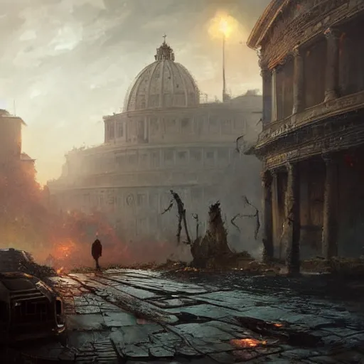 Image similar to rome in a post apocalyptic earth as seen by greg rutkowski, dark theme, enchanted, warm colors, high quality, waw, trending on artstation