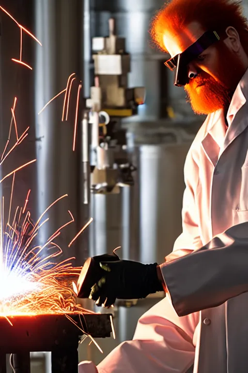 Image similar to an awkwardly tall scientist with 3 eyes and a tangled beard and unruly red hair atop his balding head wearing a labcoat and welding goggles and holding a beaker, high resolution film still, movie by Ivan Reitman