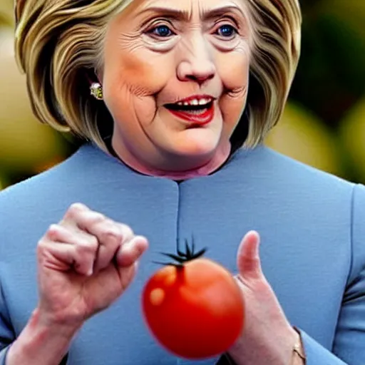 Prompt: hillary clinton scowls at a tomato and she punches it angrily, photograph from 2 0 0 7, associated press