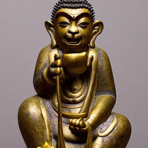 Prompt: Buddhist statue of a monkey holding a giant snake