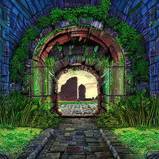 Image similar to ancient ruins with a portal and plants,digital art,retrowave art