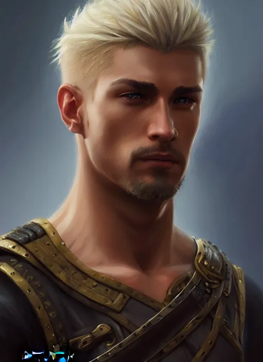 Image similar to a _ fantasy _ style _ portrait _ painting _ of fighter male, medium dark blonde pulled back side part and blonde stubble, rpg dnd oil _ painting _ unreal _ 5 _ daz. _ rpg _ portrait _ extremely _ detailed _ artgerm _ greg _ rutkowski _ greg