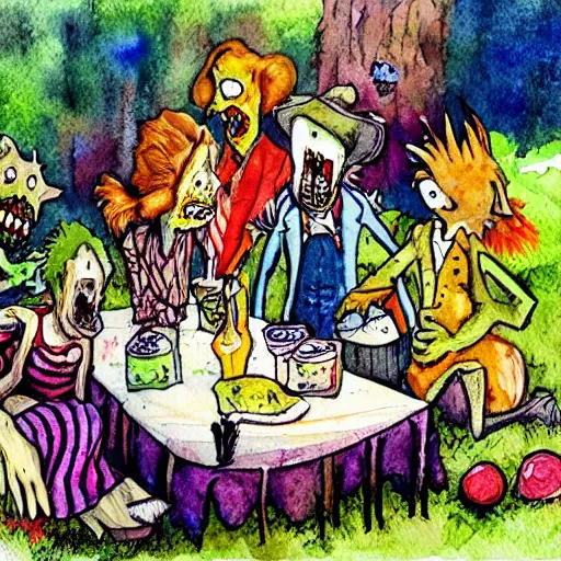 Image similar to watercolor painting of zombie picnic in the style of A. A. Milne