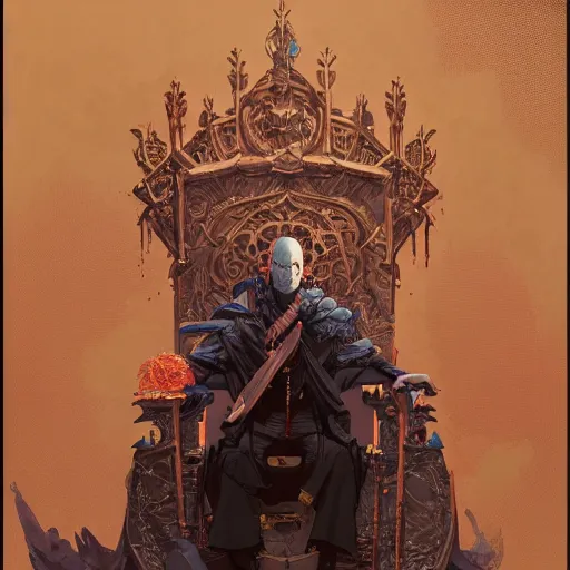 Prompt: a detailed portrait of a necromancer sitted on his throne, by victo ngai and greg rutkowski, digital art, realistic painting, very detailed, fantasy, dnd, character design, trending on artstation