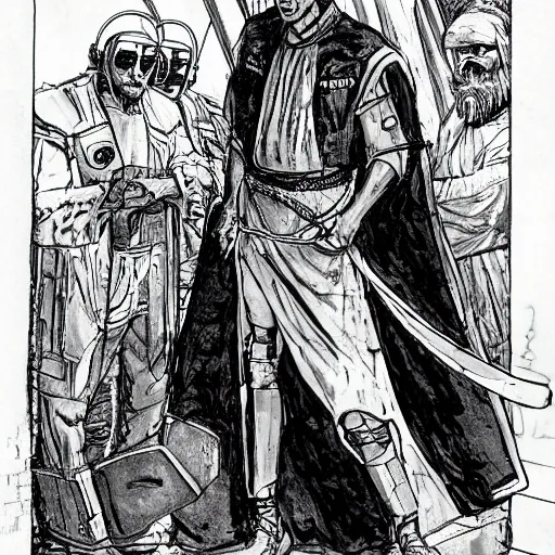 Prompt: Hosea the Beggar priest with cybernetic headset in a busy spaceport on Poseidon 5 colony. Gritty Concept art by James Gurney and Mœbius.