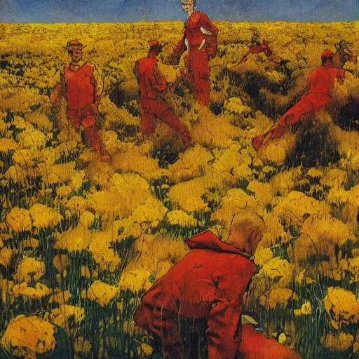 Image similar to 3 people in red desert drowning in a sea of yellow flowers, highly detailed, intricate, surreal, painting by Franz Marc, part by Yoji Shinkawa, part by Norman Rockwell