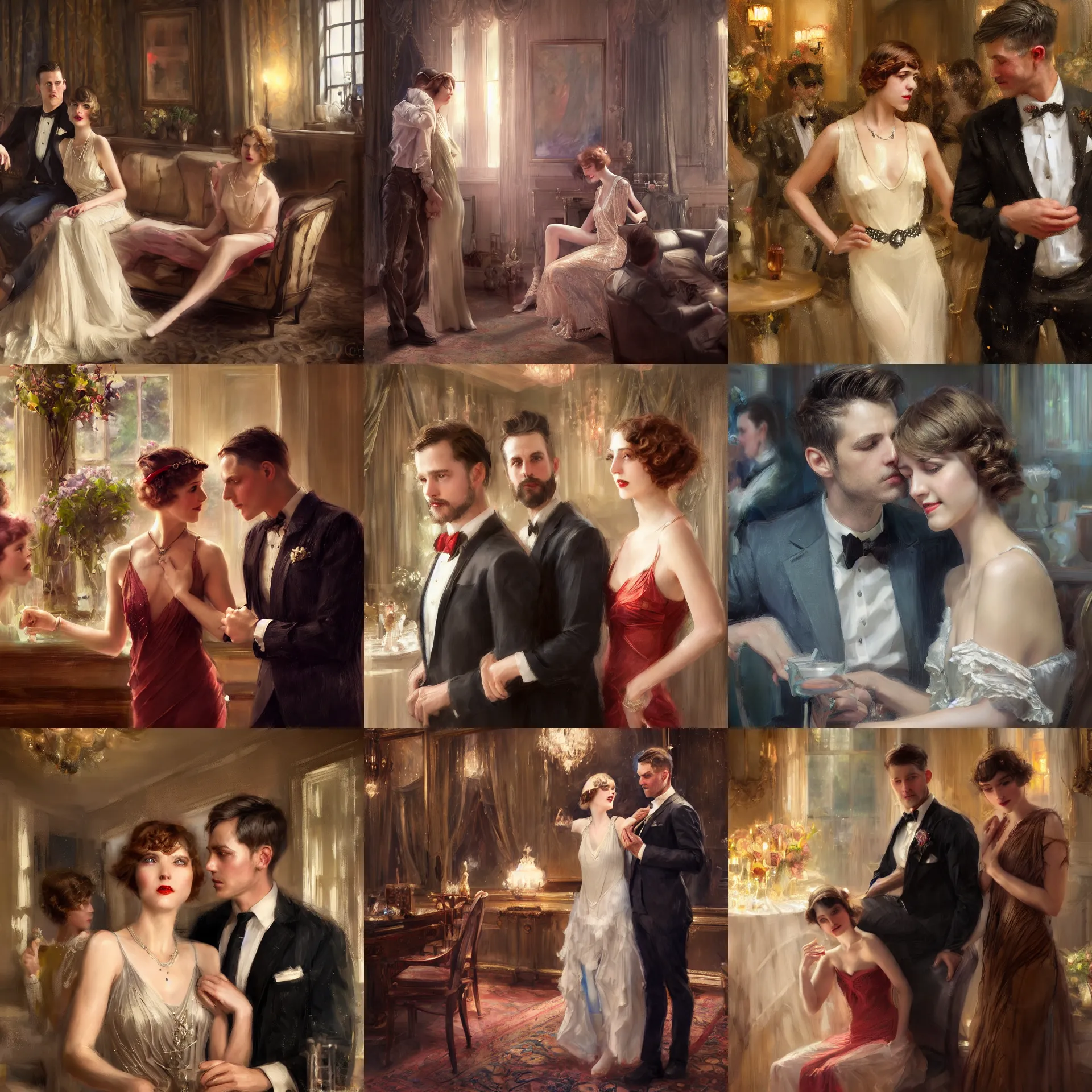Prompt: daniel gerhartz and wlop detailed portrait, digital painting, artstation, concept art, of a 1 9 2 0 s beautiful couple at a party in a mansion, mansion interior in the background, unreal engine, hyper realism, realistic shading, cinematic composition, blender render, octane render, hdr, detailed textures, photorealistic, 3 5 mm film