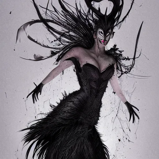 Image similar to jennifer connelly as odile the black swan, gray skin, disney villain, black feathers instead of hair, black feathers growing out of skin, losing control, black feathers growing out of face, black hands with black claws, gothic, highly detailed, comic book cover, mike mignogna, david mack, trending on artstation