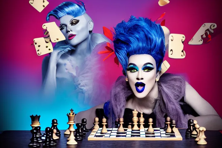 Image similar to blue hair drag queen playing chess, netflix show poster