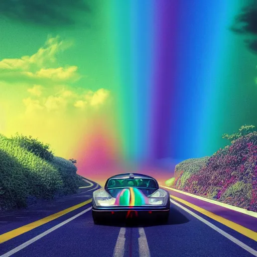 Image similar to Rainbow Road, the image is like beautiful dream, 4k post-processing highly detailed, art station, unreal engine + cinematography by Wes Anderson, Wide angle shot, futuristic, volumetric light, Fuji film, intricate detail, hyperreal, hyperrealistic, 4K, Octane render, unreal engine cinematic, sublime atmosphere,