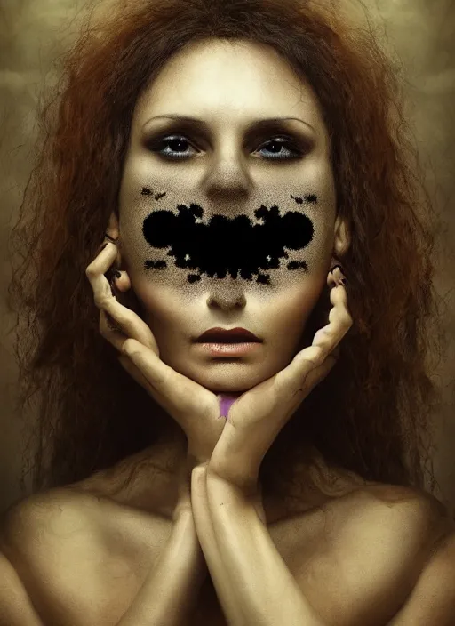 Image similar to dramatic matte portrait painting of woman with black mandelbrot fractal instead of face, horror, body horror, dark art, 4 k, detailed, realistic, psychotic, insane, crazy, mental illness, dramatic,