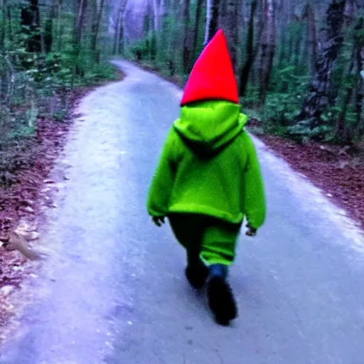 Image similar to bad quality screenshot of a leaked video of a small person dressed as gnome following me through a forest trail, night time, bright camera flash, camera shaking, realistic, ultrarealistic, 480p, scary