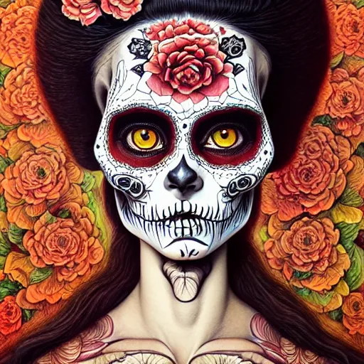 Image similar to beautiful portrait painted in jacek yerka and aykut aydogdu style drawn by vania zouravliov and takato yamamoto, inspired by dia de los muertos, intricate acrylic gouache painting, high detail, sharp high detail, artstation, manga and anime