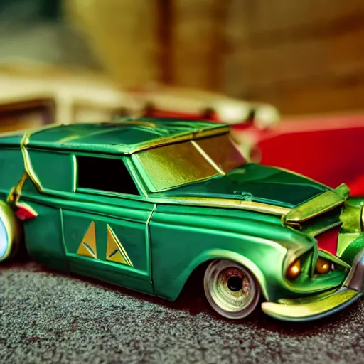 Prompt: 3 5 mm photo of metallic green zelda car like hot wheels model with a hyrule as background, epic cinematic, epic lighting