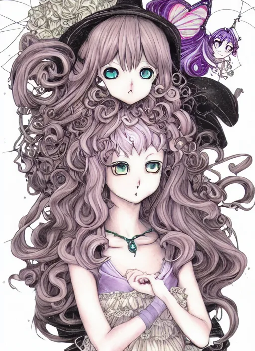 Prompt: fantastic manga character design of beautiful cat girl witch with a robot, curls hair, rococo ruffles dress, rosette, symmetrical face, cute, fairy, by mai yoneyama, takeshi obata, katsuhiro otomo, kelly mckernan, detailed background, illustration, artstation, concept art, highly detailed, colorful, maximalist