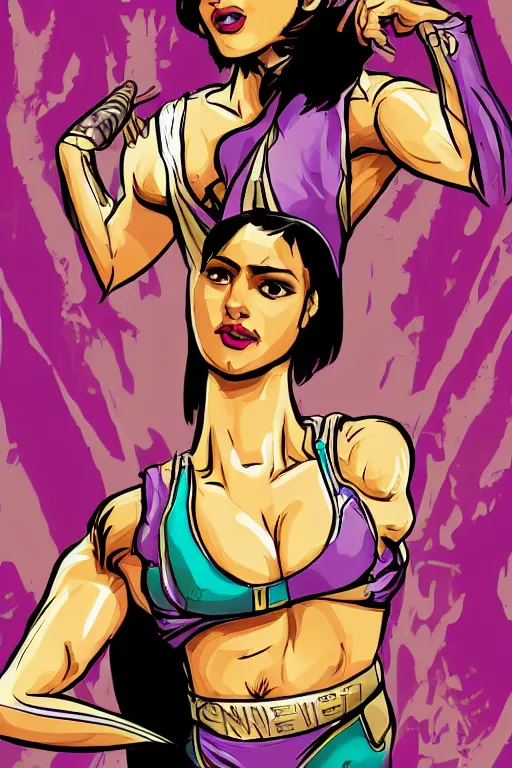 Image similar to arabian wrestling woman, cleanest posse, cleanest content without duplication, justify, parallel content, hyperrealistic anatomy, violet polsangi pop art, gta chinatown wars art style, sharp focus, bioshock infinite art style, incrinate, dynamic stretching, rgba color, white frame, balance proportion content