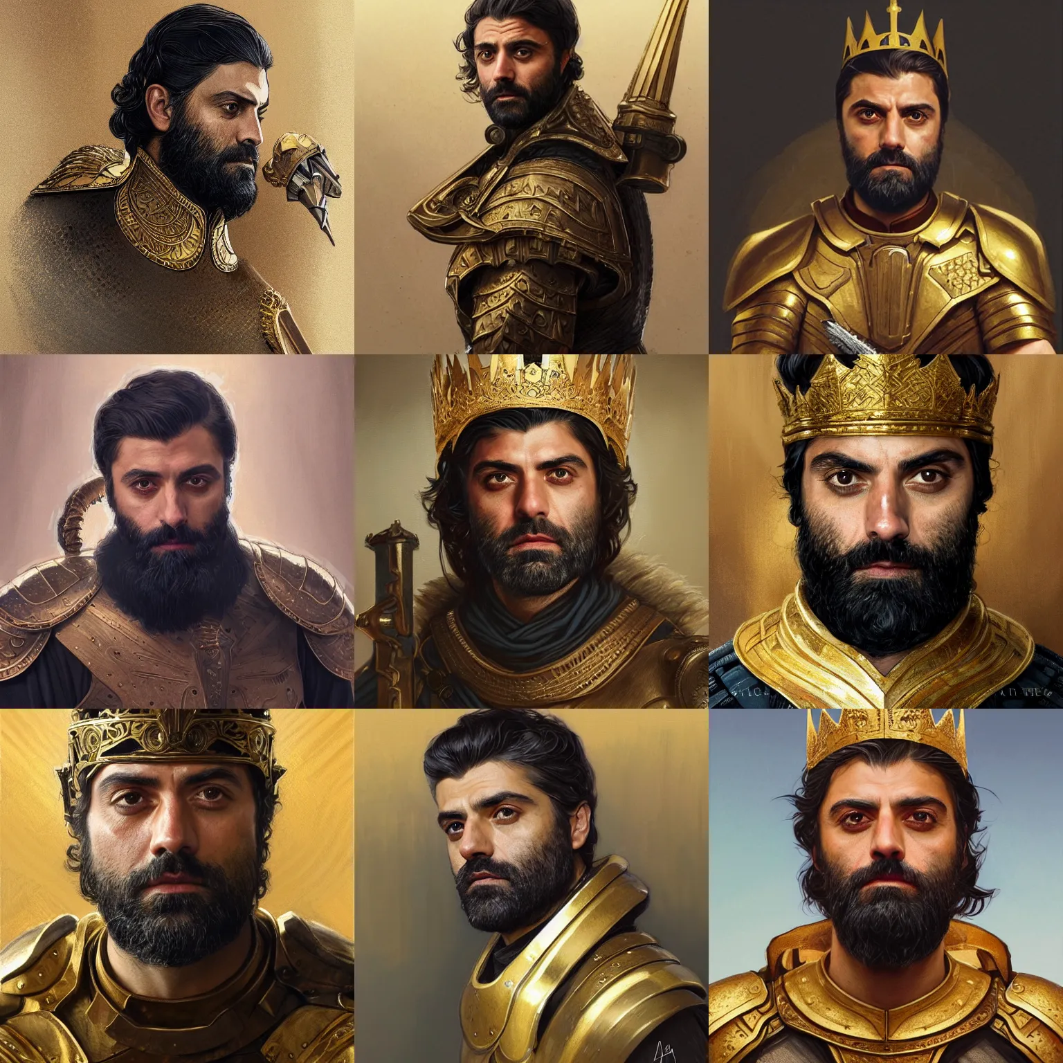 Prompt: portrait of bearded oscar isaac wearing a gold crown and armor, elegant, intricate, headshot, D&D, fantasy, highly detailed, digital painting, artstation, concept art, sharp focus, illustration, art by artgerm and greg rutkowski and alphonse mucha
