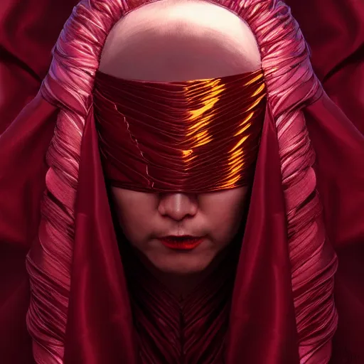 Image similar to chaotic burgundy satin ribbons instead of skin build image of mystic face, moebius, bao pham, donato giancola, larry elmore, masterpiece, trending on artstation, featured on pixiv, cinematic composition, beautiful lighting, sharp, details, hyper - detailed, hdr, 4 k, 8 k