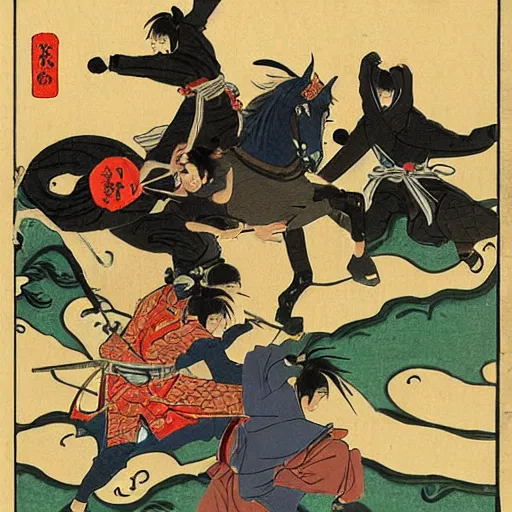 Image similar to ninjas jumping off horses to fight samurai manga style ukiyoe style