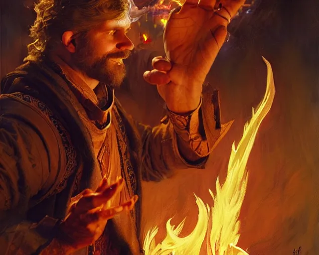 Image similar to attractive male wizard casting powerful fire spell. highly detailed painting by gaston bussiere, craig mullins, j. c. leyendecker 8 k