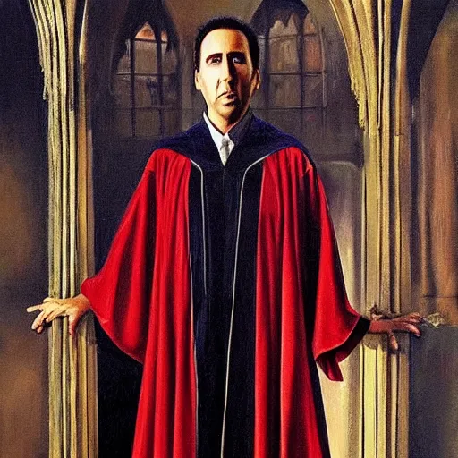 Image similar to gorgeous painting of nicolas cage wearing robes, as professor of dark arts in hogwarts, oil on canvas, ultra detailed