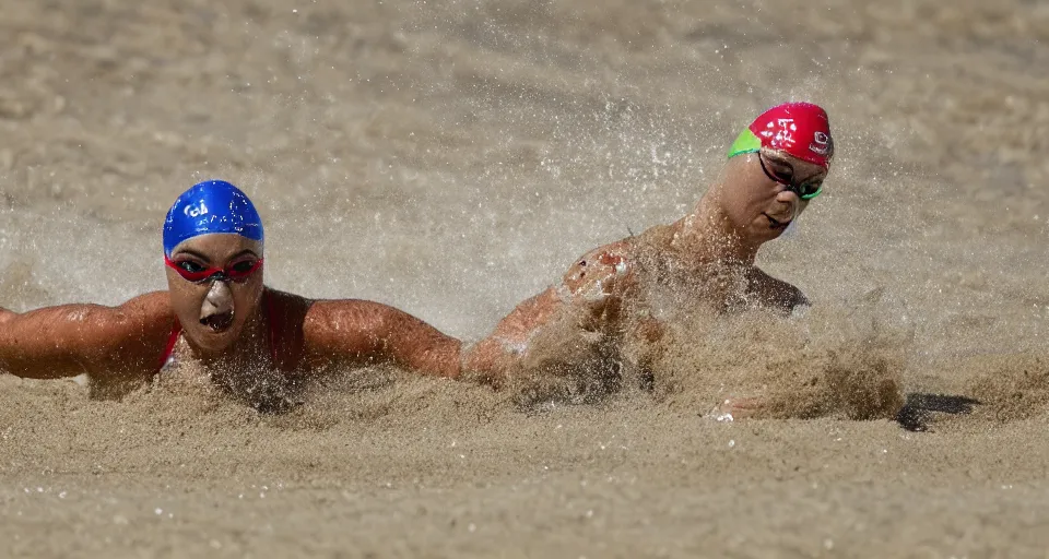 Image similar to olympic swimming in sand instead of water, extremely coherent, motion blur