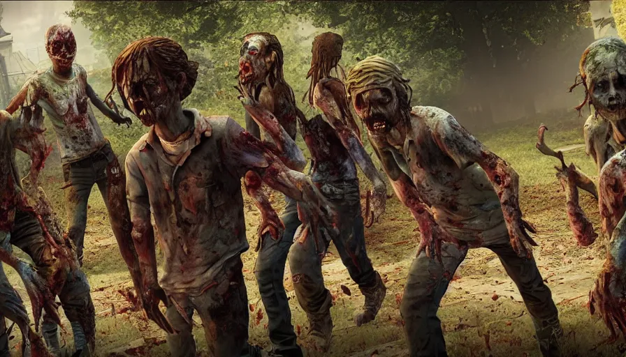 Image similar to the walking dead by lisa frank's. rotting corpse, zombies, octane render, unreal 5, 8 k depth of field, highly - detailed, in the style of dc comics