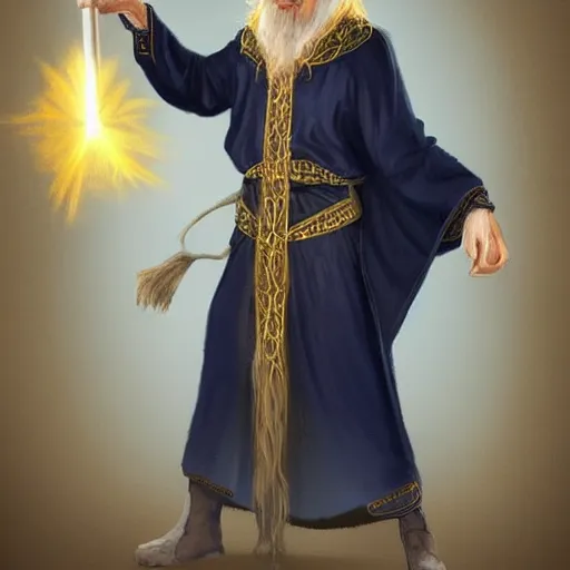 Image similar to A young well kept wizard with a blonde ponytail in a navy blue robe with gold accents, he holds a staff of light with a bright crystal, medieval fantasy, digital art, trending on artstation