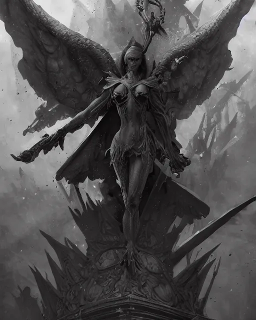 Image similar to Gargoyle Angel, D&D, artstation, fantasy, magic the gathering artwork, cinematic lighting, centered, symmetrical, highly detailed, digital painting, , concept art, smooth, sharp focus, illustration, volumetric lighting, epic Composition, 8k, art by Akihiko Yoshida and Greg Rutkowski and Craig Mullins, oil painting, cgsociety