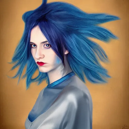 Image similar to portrait of young girl half dragon half human , dragon skin, dragon eyes, dragon crown, blue hair, long hair, David Lynch