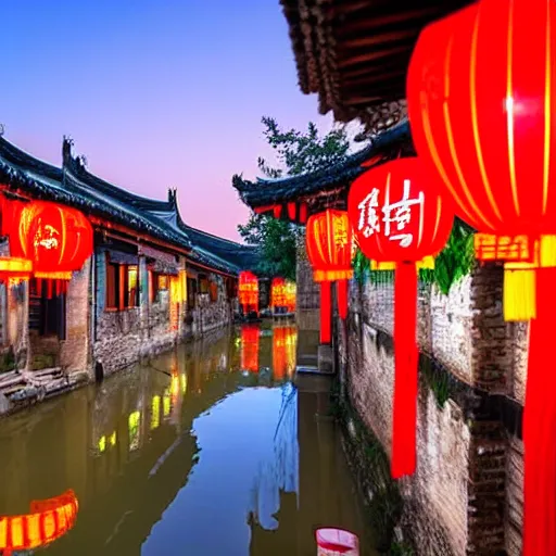 Image similar to beautiful and peaceful ancient water town in the south of china, zhouzhuang ancient town, movie style, warm color to move, boats, evening lanterns, the glow of the sunset on the water, high detailed