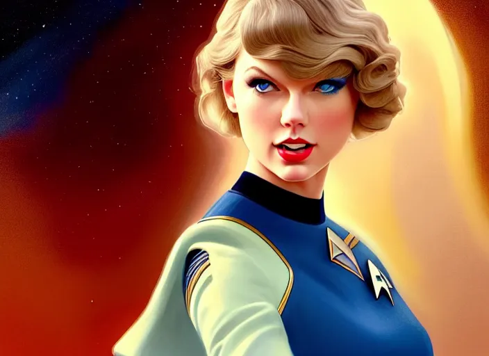 Image similar to a disney film still of taylor swift as a star trek officer, finely detailed features, closeup of the face, perfect art, dusk, blue hour, gapmoe yandere grimdark, trending on pixiv fanbox, painted by greg rutkowski, makoto shinkai, takashi takeuchi, alphonse mucha, akihiko yoshida