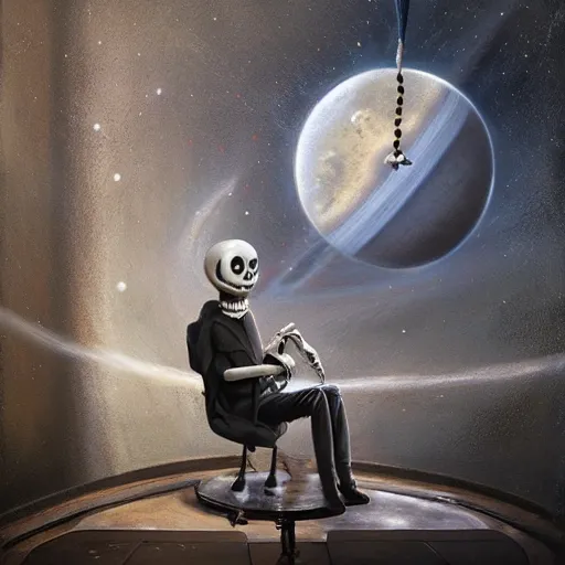 Prompt: michal karcz surrealism Pastel painting of the end of an astronaut happy in the galaxy. , in the style of jack skellington, in the style of a clown, loony toons style, horror theme, detailed, elegant, intricate, 4k, Renaissance painting