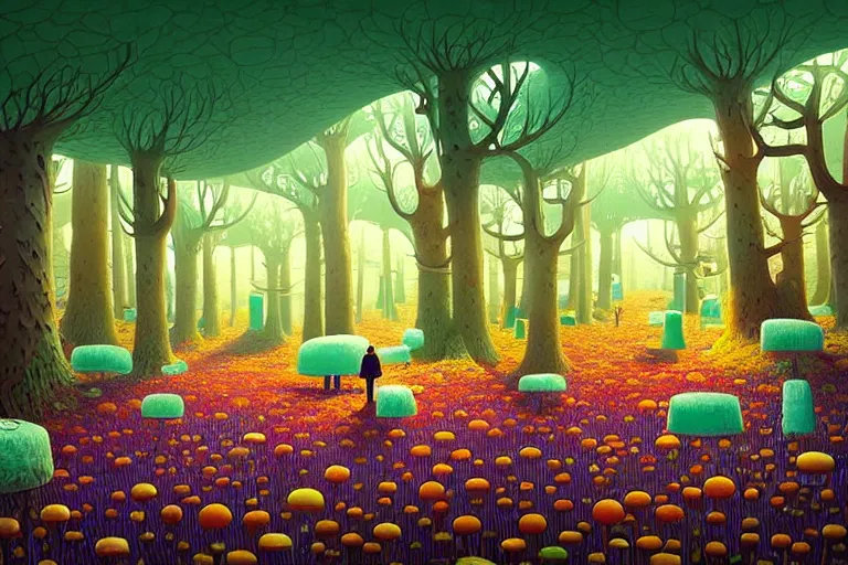 Image similar to surreal glimpse into other universe, inside a marshmallow forest in an ice cream valley, summer morning, very coherent and colorful high contrast, art by!!!! gediminas pranckevicius!!!!, geof darrow, dark shadows, hard lighting
