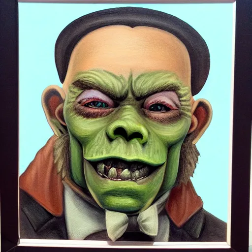 Image similar to detailed portrait painting of gentleman orc with green skin wearing brown tuxedo