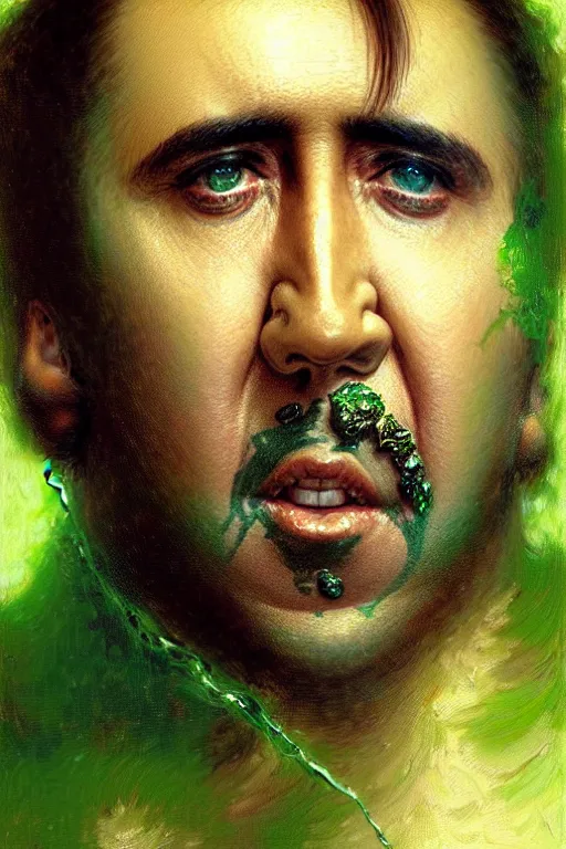 Image similar to nicolas cage ’ s face on a green pickle portrait dnd, painting by gaston bussiere, craig mullins, greg rutkowski, yoji shinkawa