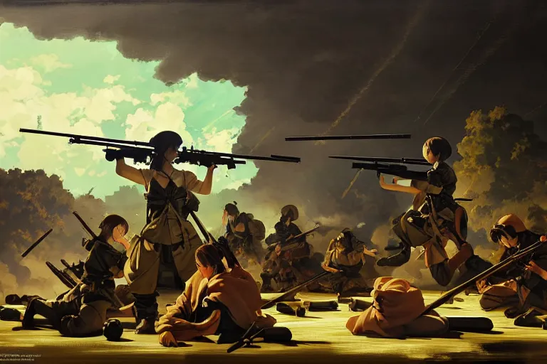 Image similar to baroque oil painting of key visual environment concept art of anime maids firing bolt action rifles at enemy lines, brutalist, dark fantasy, rule of thirds golden ratio, fake detail, trending pixiv fanbox, acrylic palette knife, style of makoto shinkai studio ghibli genshin impact jamie wyeth james gilleard greg rutkowski chiho aoshima