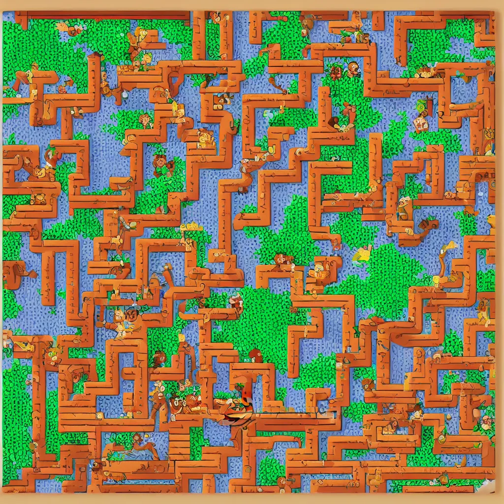 Image similar to wimmelbilder maze made of arcade donkey kong mario ladders, isometric, very sharp