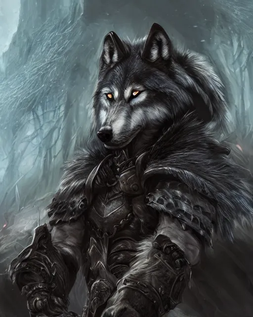 Image similar to Wolf, Anthropomorphized, as warlord general on skull throne, dark fur, evil, glowing eyes, magic the gathering artwork, D&D, fantasy, cinematic lighting, centered, symmetrical, highly detailed, digital painting, artstation, concept art, smooth, sharp focus, illustration, volumetric lighting, epic Composition, 8k, art by Akihiko Yoshida and Greg Rutkowski and Craig Mullins, heroic pose, oil painting, cgsociety, Battlefield background, explosions, arrows