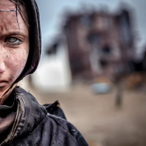 Image similar to photographic portrait of a poor techwear woman holding back tears, a futuristic shanty town burns in the background, closeup, sigma 85mm f/1.4, 4k, depth of field, high resolution, 4k, 8k, hd, full color