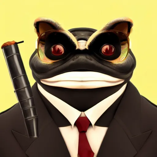 Image similar to a high quality photo of an antropomorphic mafia frog wearing a suit smoking a cigar, 3d scene, render, ultra realistic, artstation, cgsociety