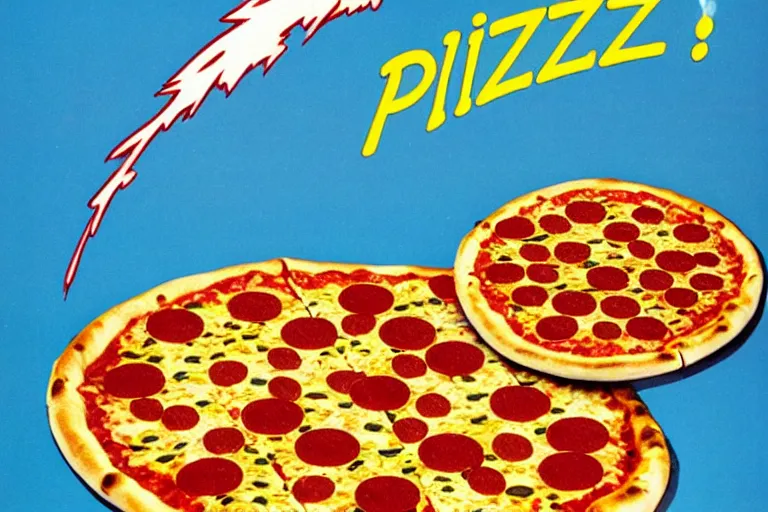 Image similar to pizza, 80s, advertisement, anime, explosion, explosion, explosion